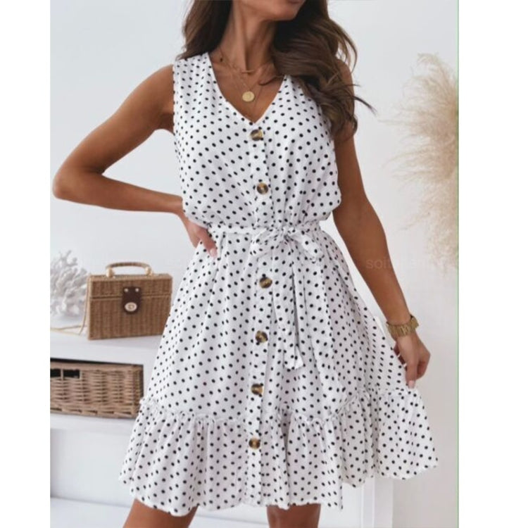 Dot V-neck Single-breasted Waist Sleeveless Dress for Ladies