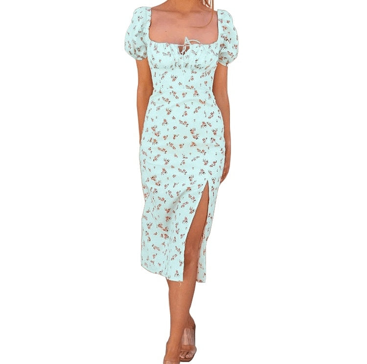 Floral One-line Collar Halter Slit Short Sleeve Dress Mid-length Dress for Ladies