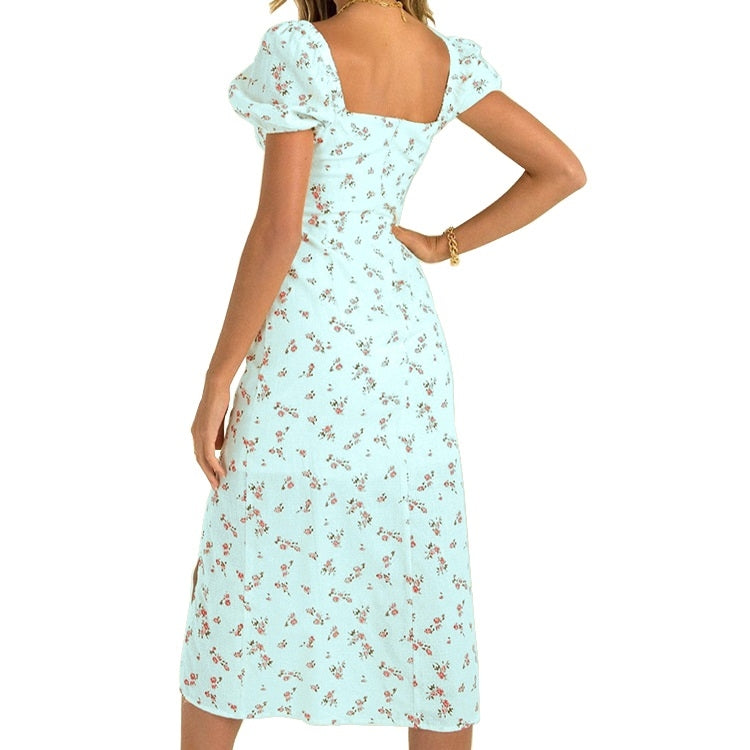 Floral One-line Collar Halter Slit Short Sleeve Dress Mid-length Dress for Ladies