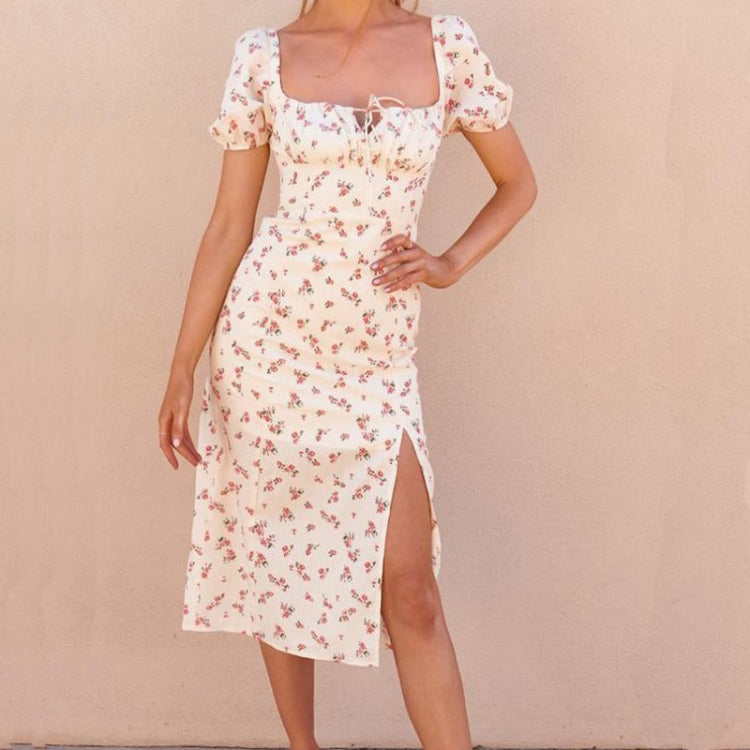 Floral One-line Collar Halter Slit Short Sleeve Dress Mid-length Dress for Ladies