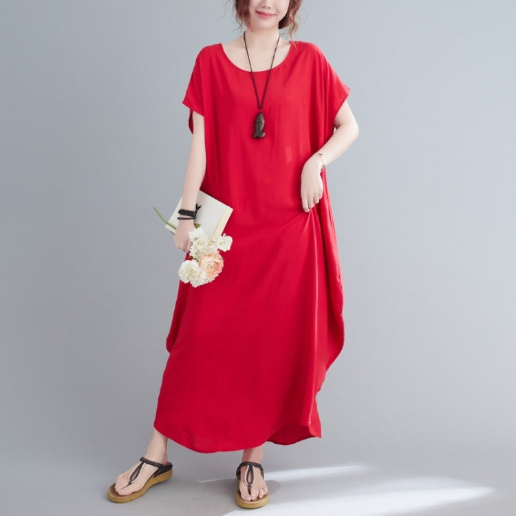 Ladies Round Neck Solid Color Loose Long Dress