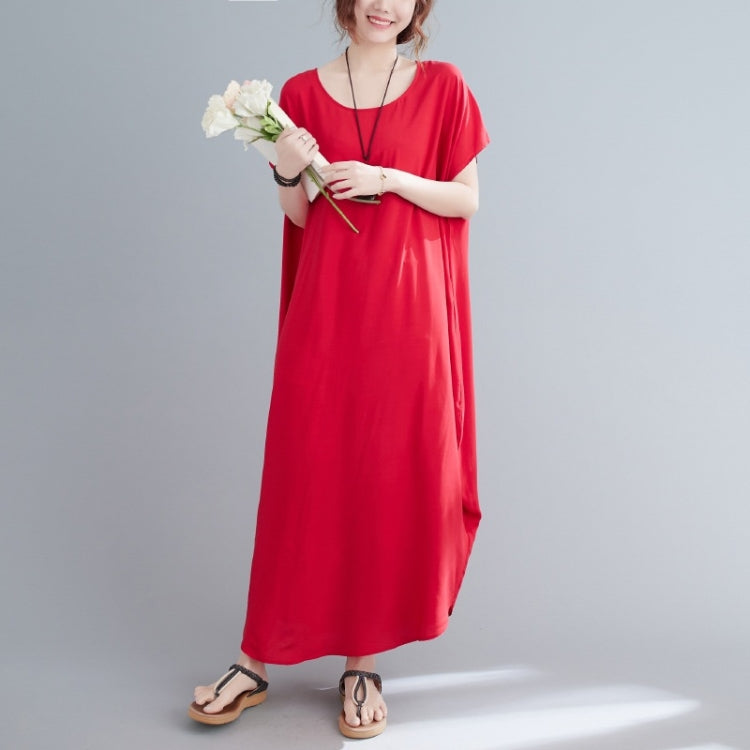 Ladies Round Neck Solid Color Loose Long Dress