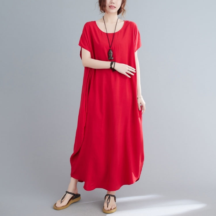 Ladies Round Neck Solid Color Loose Long Dress