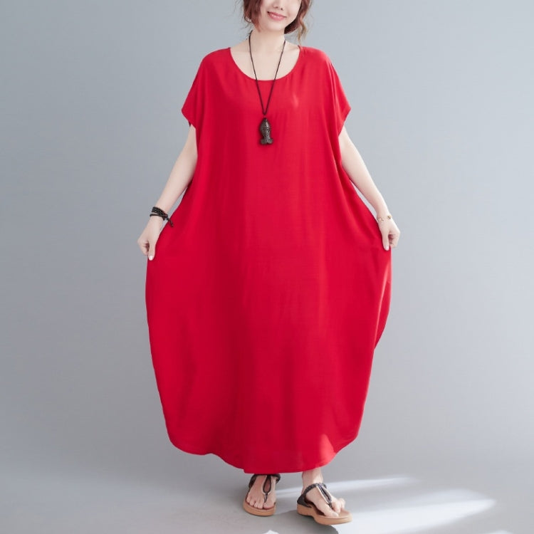 Ladies Round Neck Solid Color Loose Long Dress