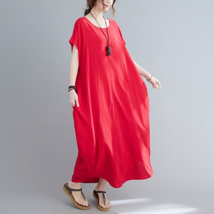 Ladies Round Neck Solid Color Loose Long Dress