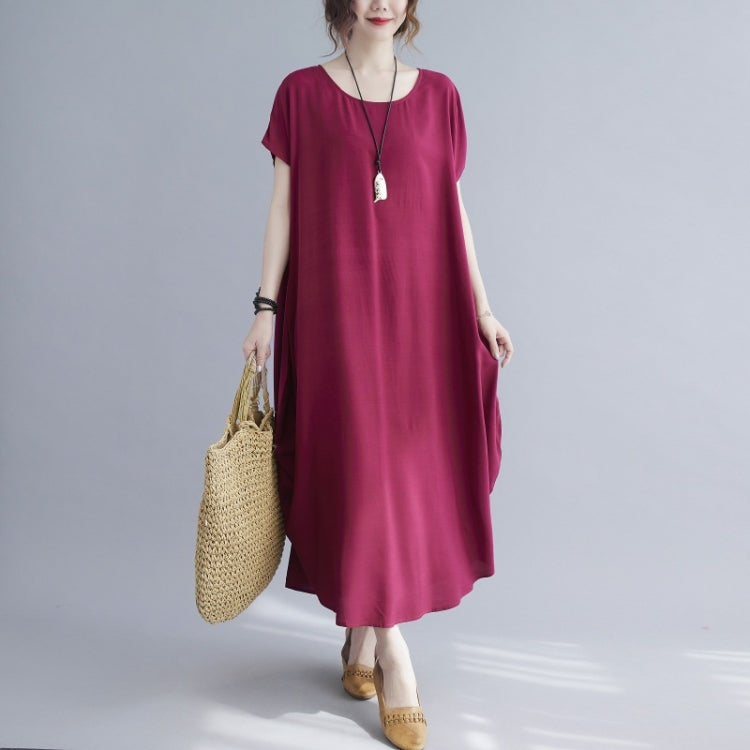 Ladies Round Neck Solid Color Loose Long Dress