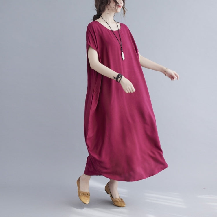 Ladies Round Neck Solid Color Loose Long Dress