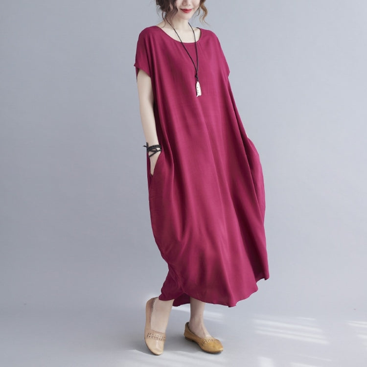 Ladies Round Neck Solid Color Loose Long Dress