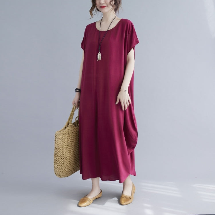 Ladies Round Neck Solid Color Loose Long Dress