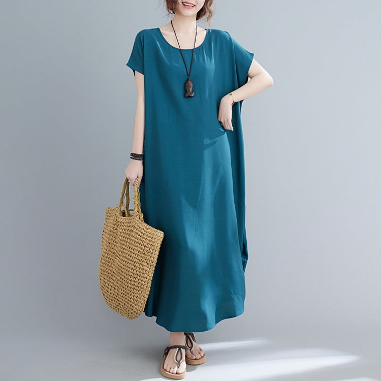 Ladies Round Neck Solid Color Loose Long Dress