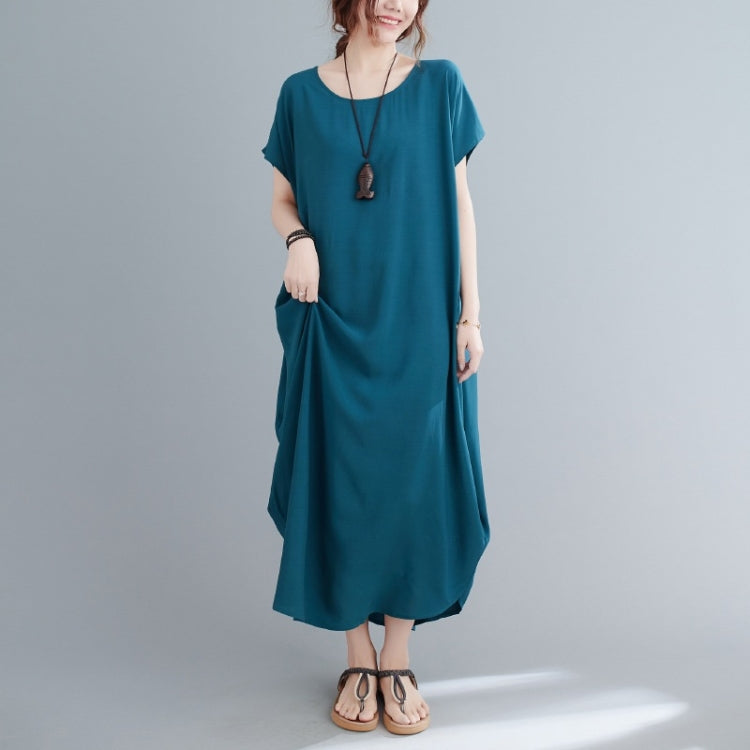 Ladies Round Neck Solid Color Loose Long Dress