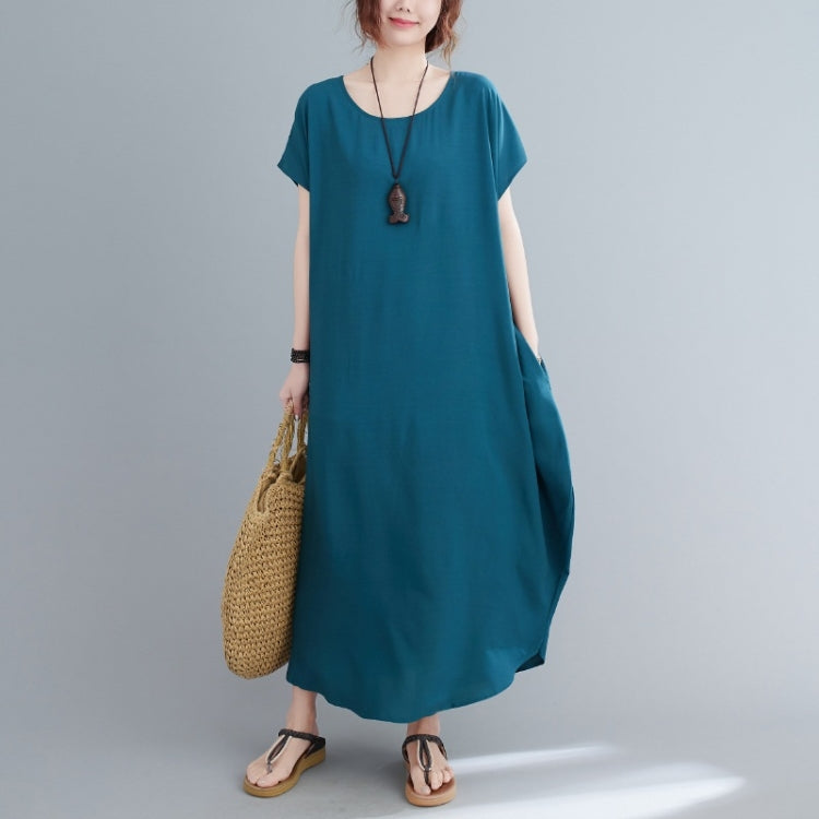 Ladies Round Neck Solid Color Loose Long Dress