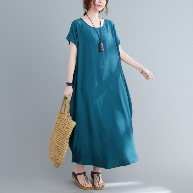Ladies Round Neck Solid Color Loose Long Dress