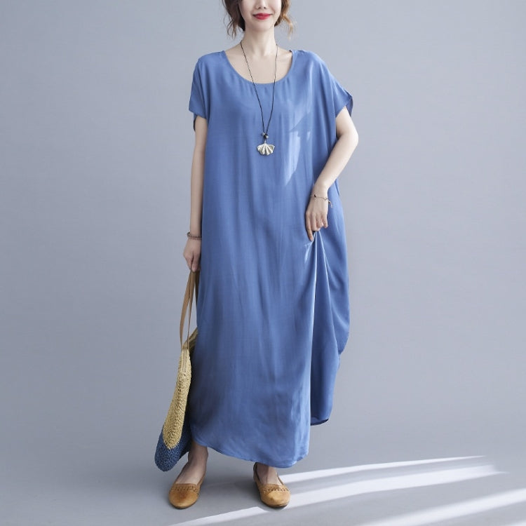 Ladies Round Neck Solid Color Loose Long Dress