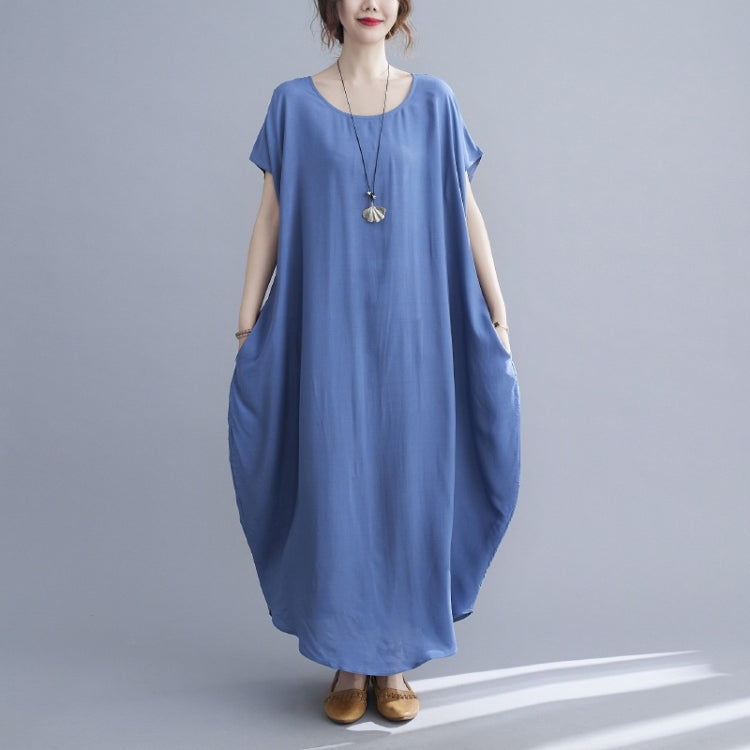 Ladies Round Neck Solid Color Loose Long Dress