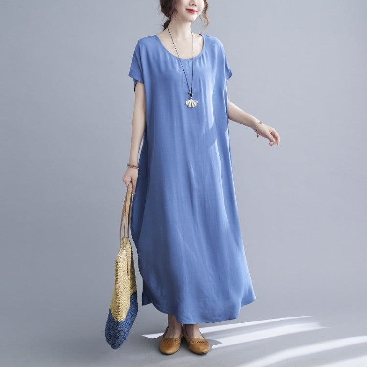 Ladies Round Neck Solid Color Loose Long Dress