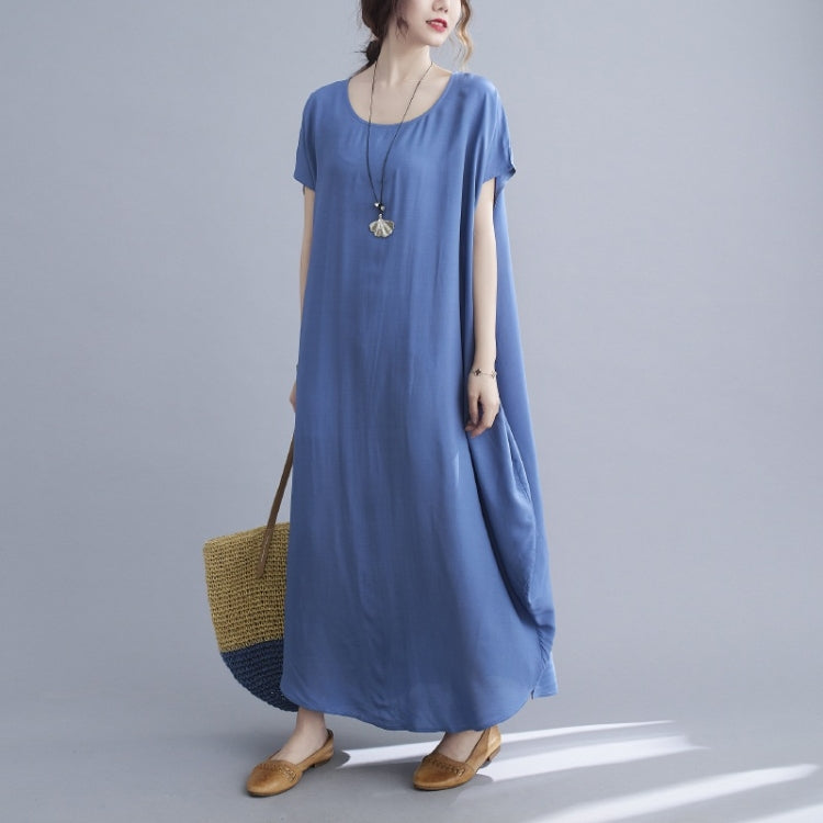Ladies Round Neck Solid Color Loose Long Dress