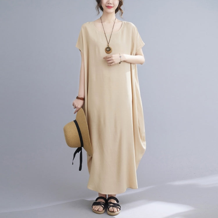 Ladies Round Neck Solid Color Loose Long Dress
