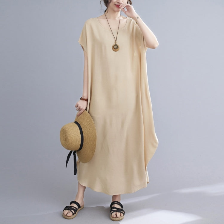 Ladies Round Neck Solid Color Loose Long Dress