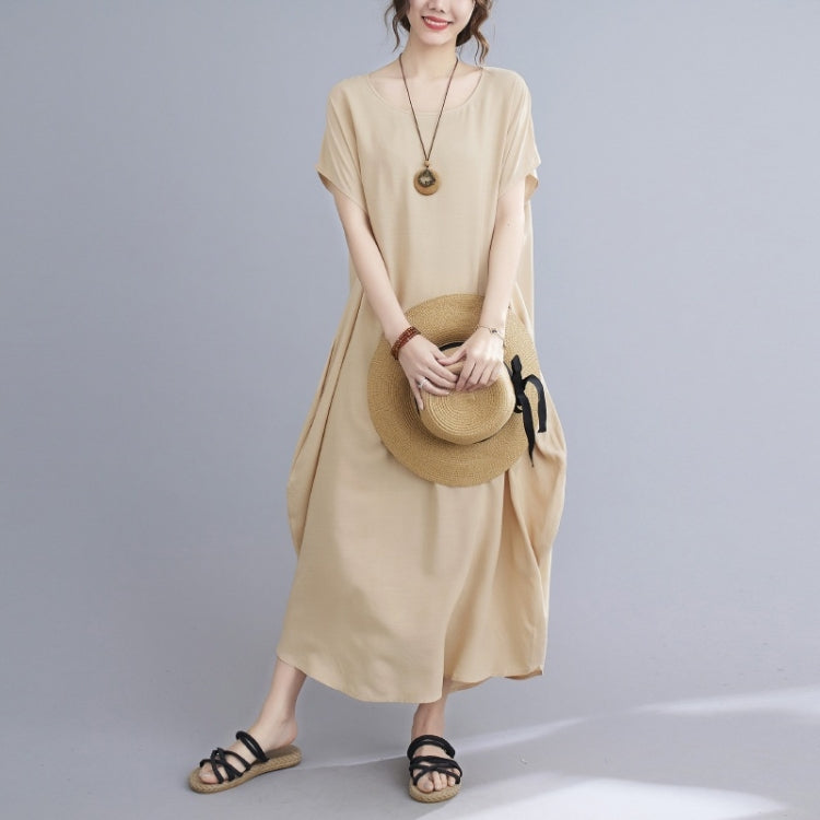 Ladies Round Neck Solid Color Loose Long Dress
