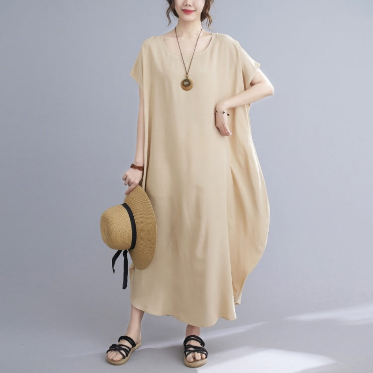 Ladies Round Neck Solid Color Loose Long Dress