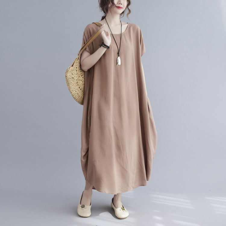 Ladies Round Neck Solid Color Loose Long Dress