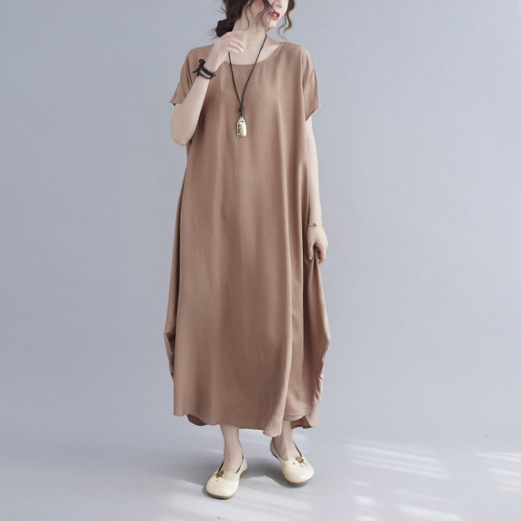 Ladies Round Neck Solid Color Loose Long Dress
