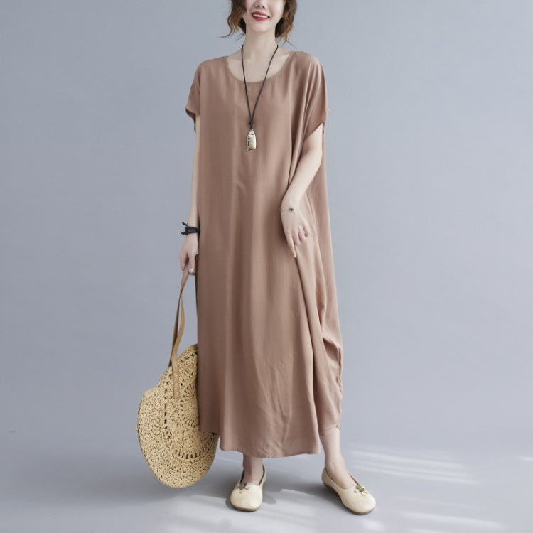 Ladies Round Neck Solid Color Loose Long Dress