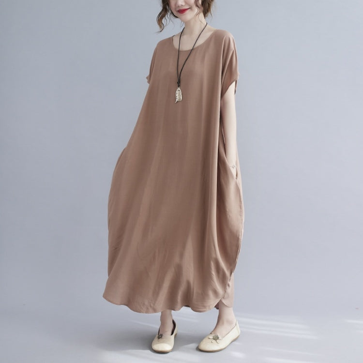 Ladies Round Neck Solid Color Loose Long Dress