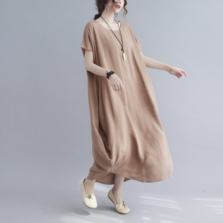 Ladies Round Neck Solid Color Loose Long Dress