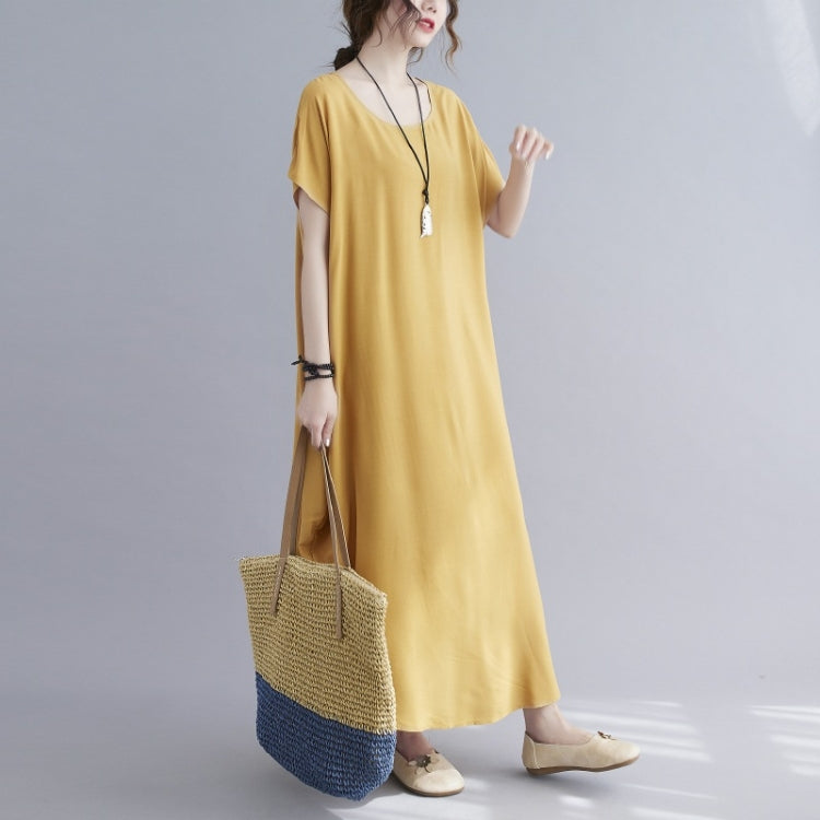 Ladies Round Neck Solid Color Loose Long Dress