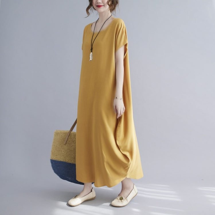 Ladies Round Neck Solid Color Loose Long Dress