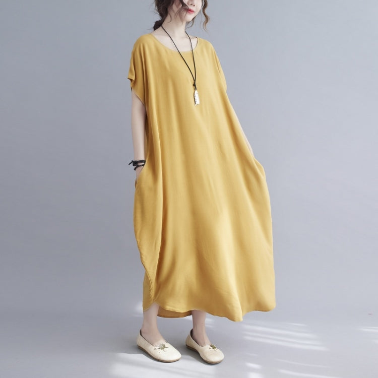 Ladies Round Neck Solid Color Loose Long Dress