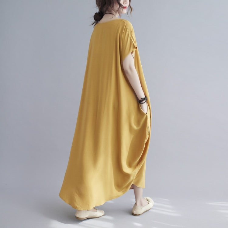 Ladies Round Neck Solid Color Loose Long Dress