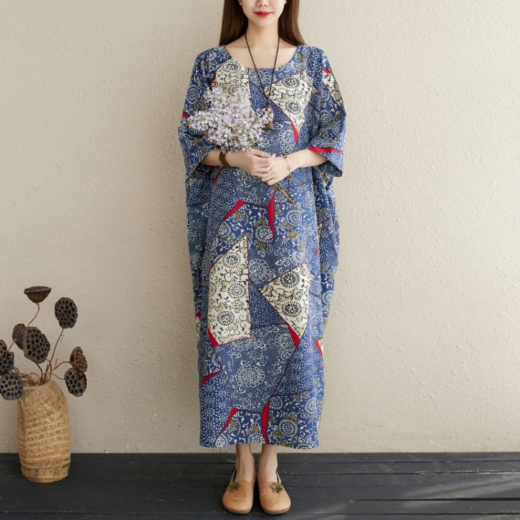 Ladies Simple Cotton Linen Retro Blue Dress (As Show)