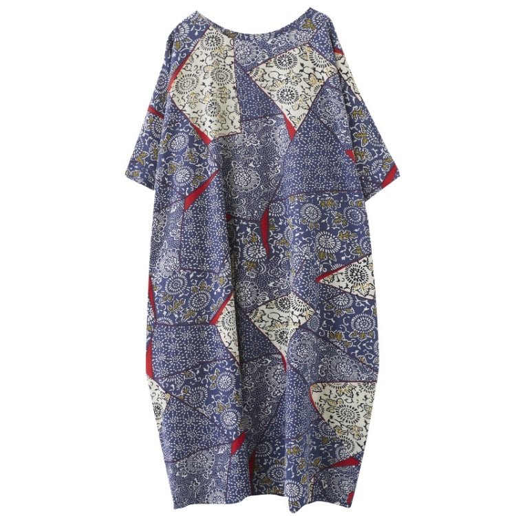 Ladies Simple Cotton Linen Retro Blue Dress (As Show)