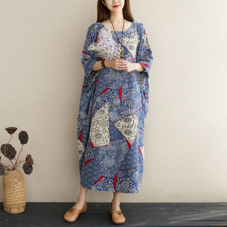 Ladies Simple Cotton Linen Retro Blue Dress (As Show)