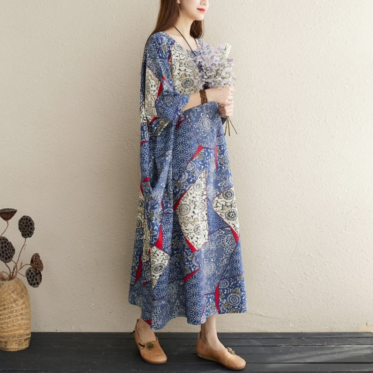 Ladies Simple Cotton Linen Retro Blue Dress (As Show)