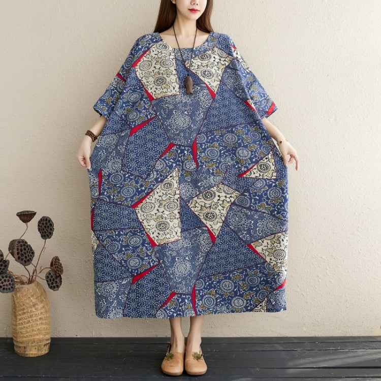 Ladies Simple Cotton Linen Retro Blue Dress (As Show)