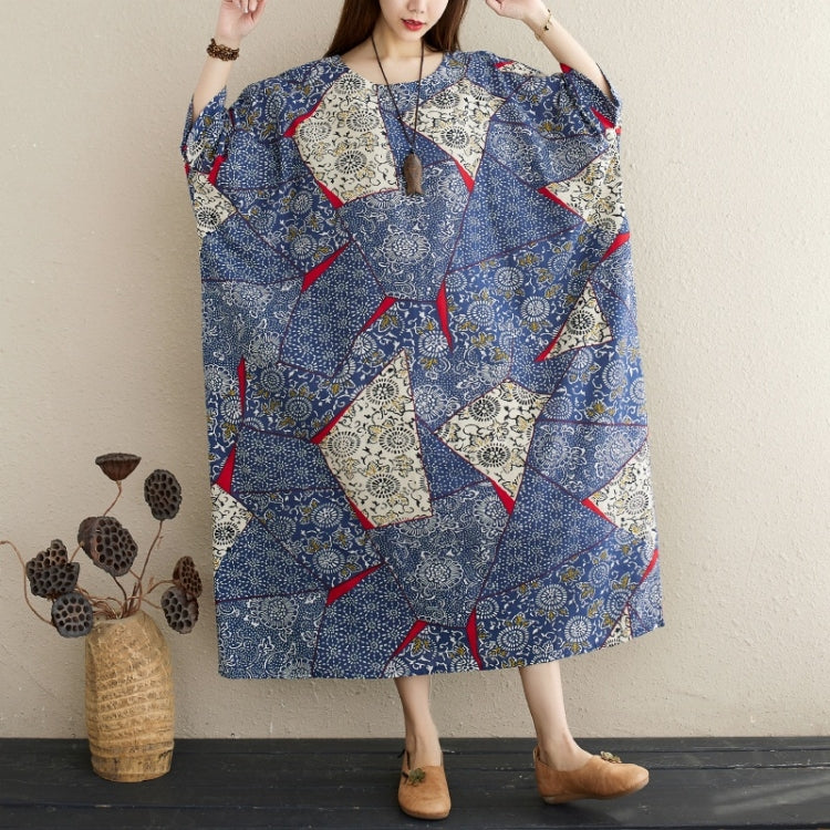 Ladies Simple Cotton Linen Retro Blue Dress (As Show)