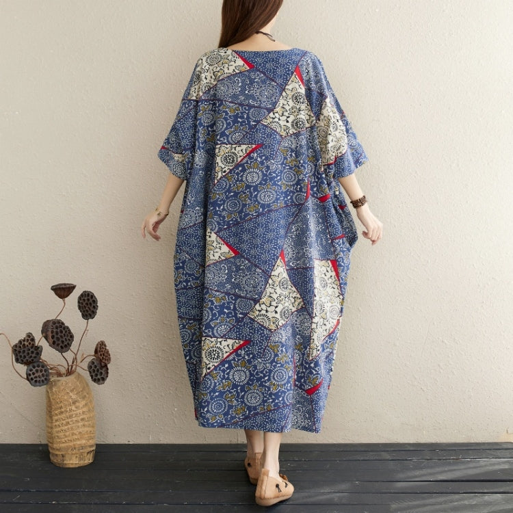Ladies Simple Cotton Linen Retro Blue Dress (As Show)