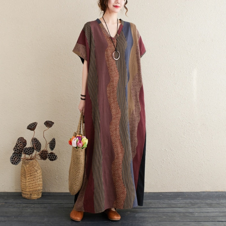 Ladies Simple Cotton Linen Striped Stitching V-neck Long Robe Contrast Color Dress (As Show)
