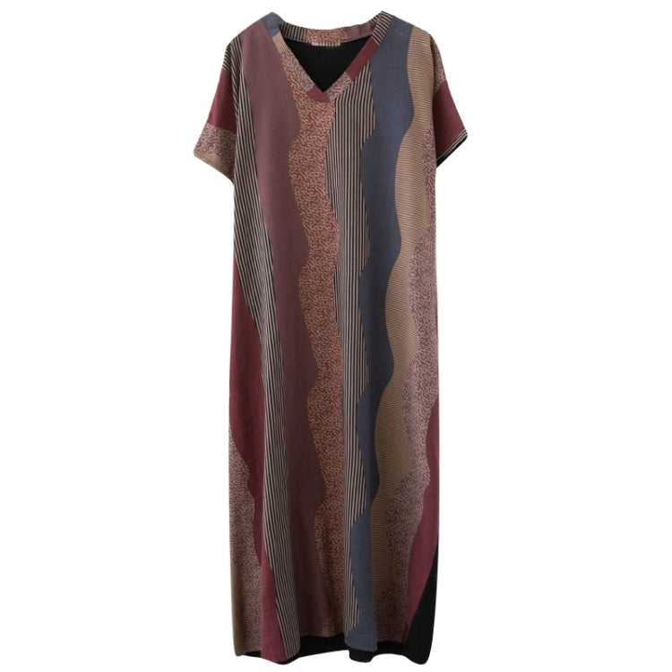 Ladies Simple Cotton Linen Striped Stitching V-neck Long Robe Contrast Color Dress (As Show)