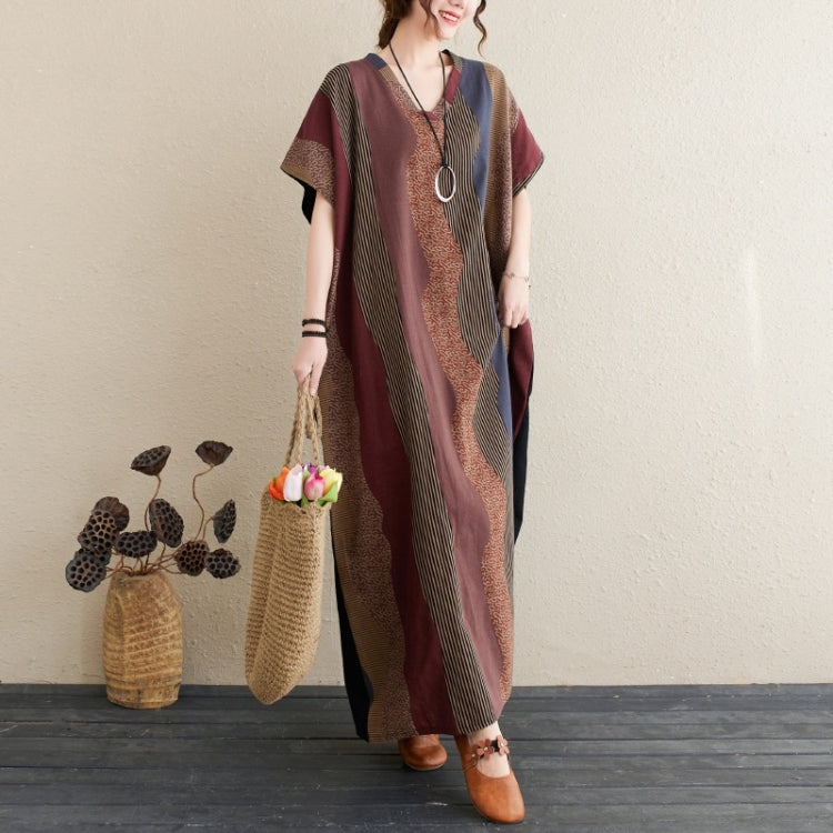Ladies Simple Cotton Linen Striped Stitching V-neck Long Robe Contrast Color Dress (As Show)