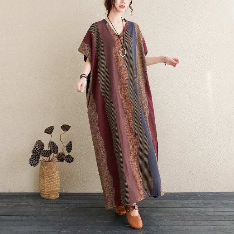 Ladies Simple Cotton Linen Striped Stitching V-neck Long Robe Contrast Color Dress (As Show)