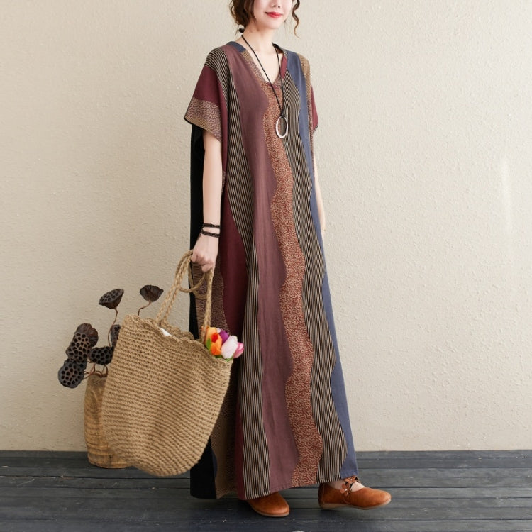 Ladies Simple Cotton Linen Striped Stitching V-neck Long Robe Contrast Color Dress (As Show)
