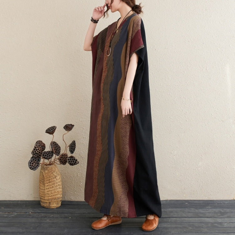 Ladies Simple Cotton Linen Striped Stitching V-neck Long Robe Contrast Color Dress (As Show)