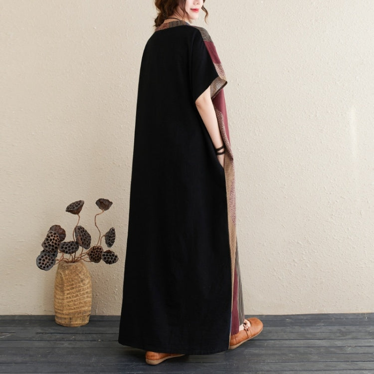 Ladies Simple Cotton Linen Striped Stitching V-neck Long Robe Contrast Color Dress (As Show)