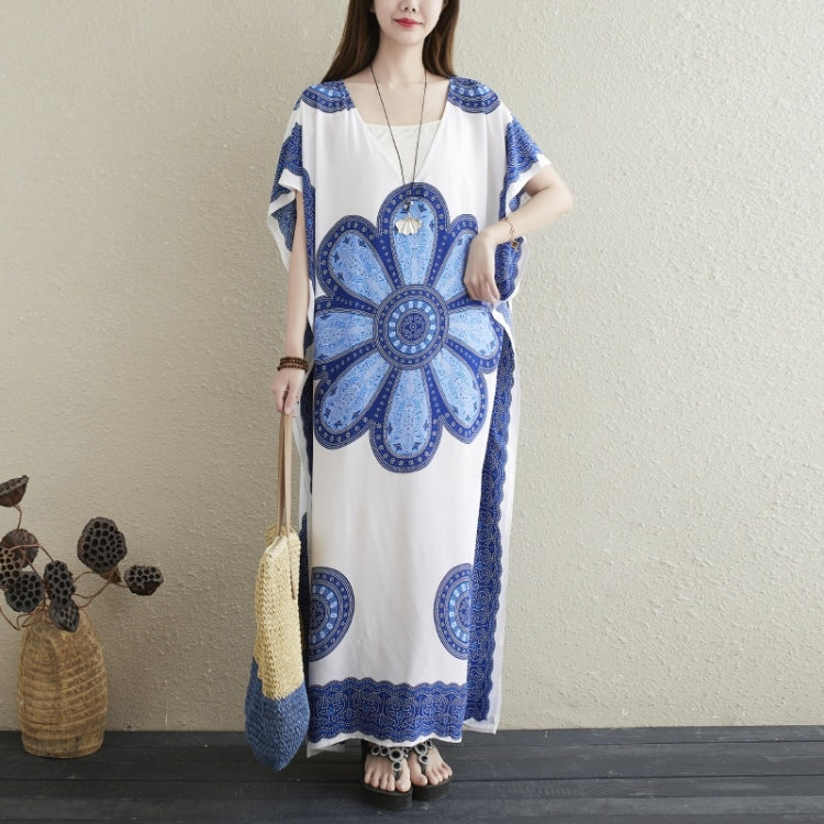 Ladies Printed V-neck Simple Holiday Style Long Skirt Loose Dress (As Show)