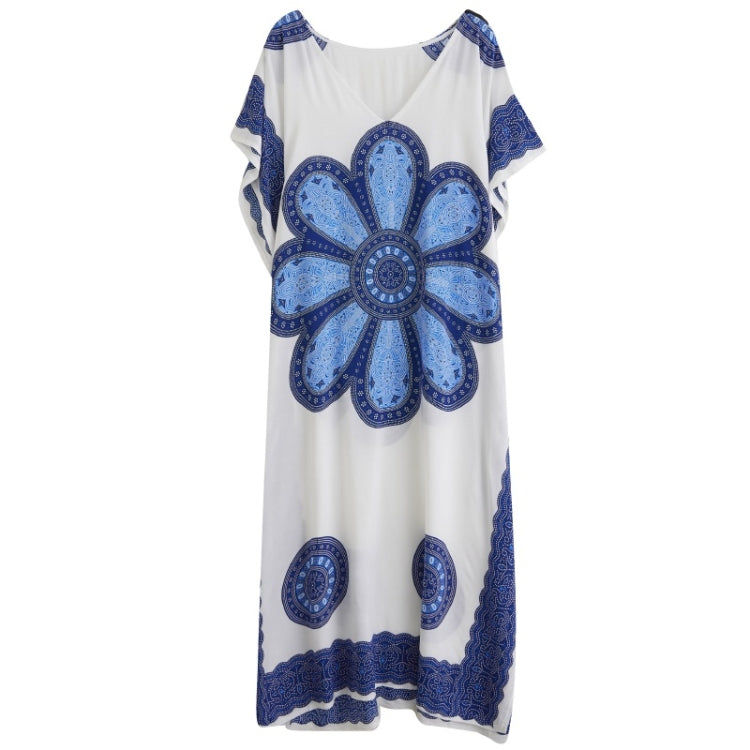 Ladies Printed V-neck Simple Holiday Style Long Skirt Loose Dress (As Show)